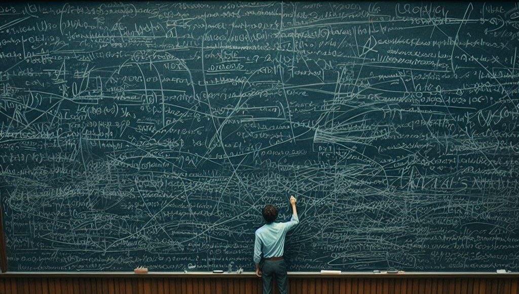 Man writing a confusing data set on a large chalkboard